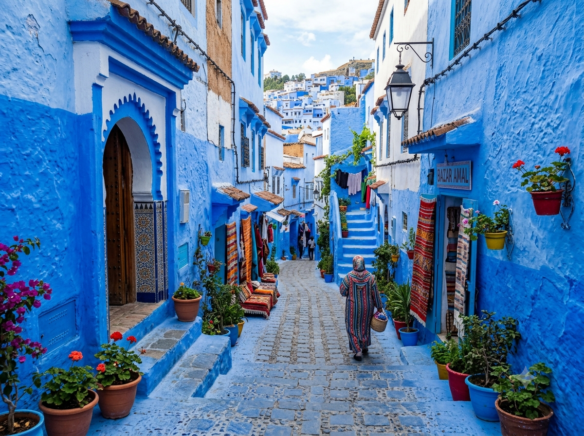 Blue-washed street and stairs in Chefchaouen medina