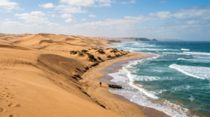 Golden sand dunes of the Sahara Desert rolling directly into the blue waves of the Atlantic Coast in Morocco.