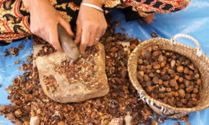 Close-up of a Moroccan woman using a traditional stone to crack roasted argan nuts by hand, extracting the kernels to make authentic argan oil, with a woven basket nearby.