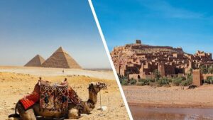 Morocco vs Egypt, Ait Ben Haddou kasbah and Giza pyramids side by side