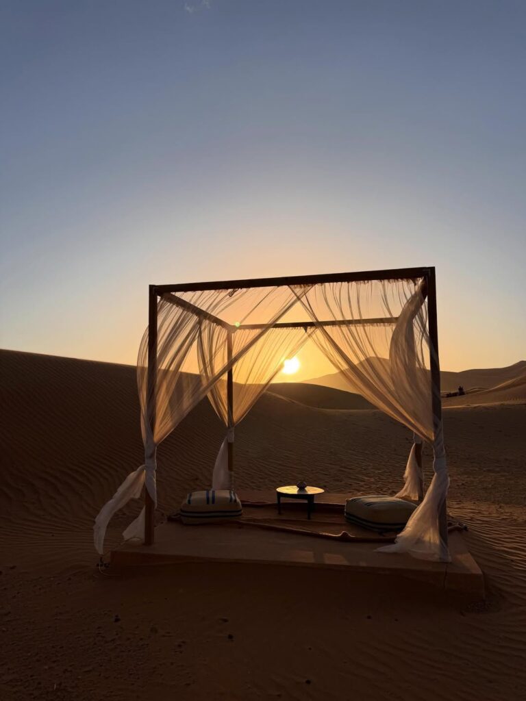Our luxury desert camp at sunset in the Merzouga dunes