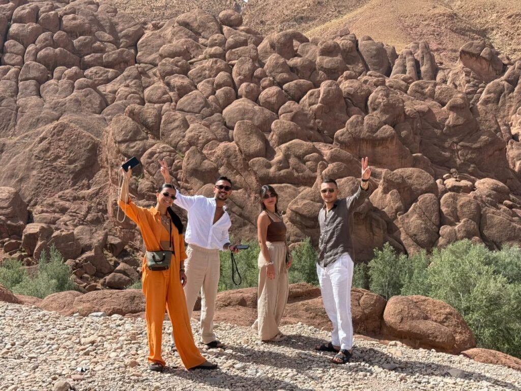 Our travelers at the Monkey Fingers rocks in the Dades Gorge on a 3 or 4 day desert tour from Marrakech