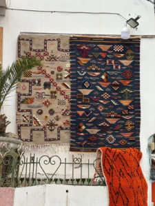Handwoven Berber carpets on display in Morocco