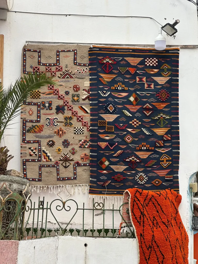 Handwoven Berber carpets on display in Morocco