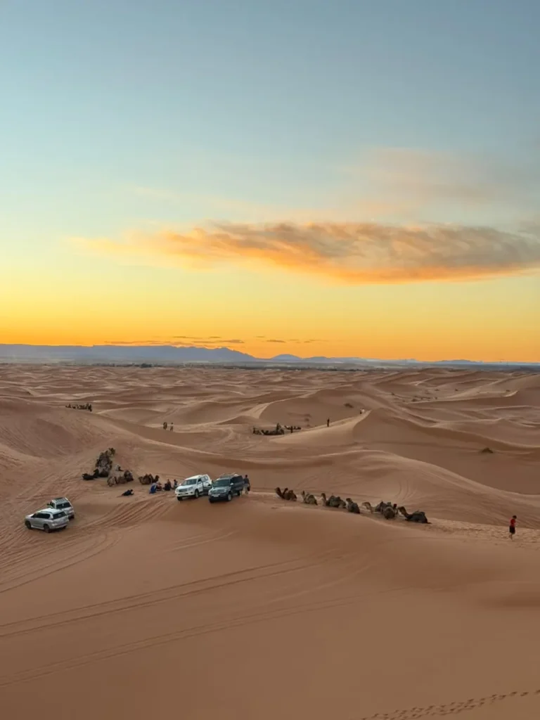 Sunset over the Erg Chebbi dunes at Merzouga, the most popular Morocco desert tour destination