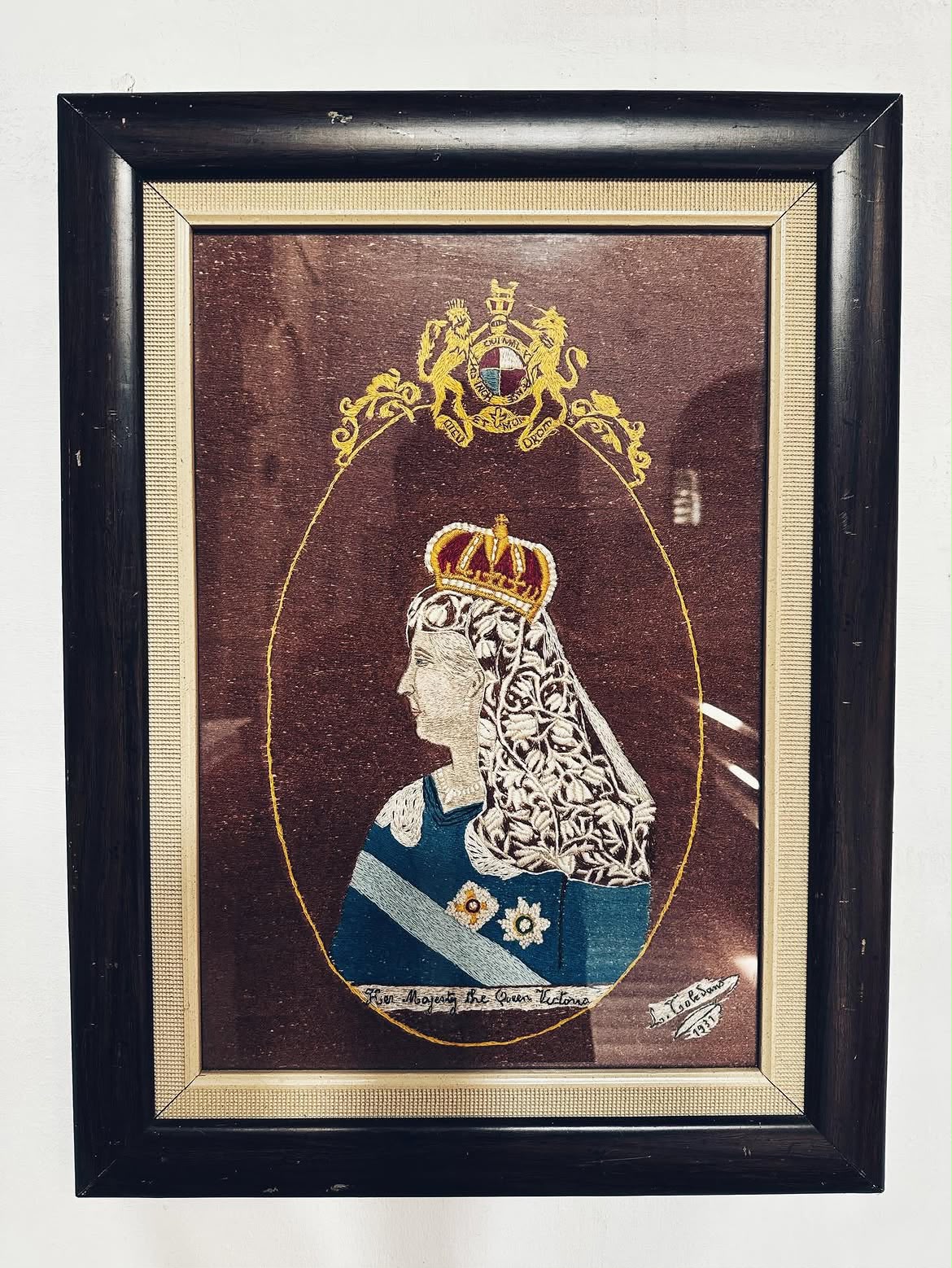 Embroidered portrait of Queen Victoria hanging inside St Andrew's Church in Tangier