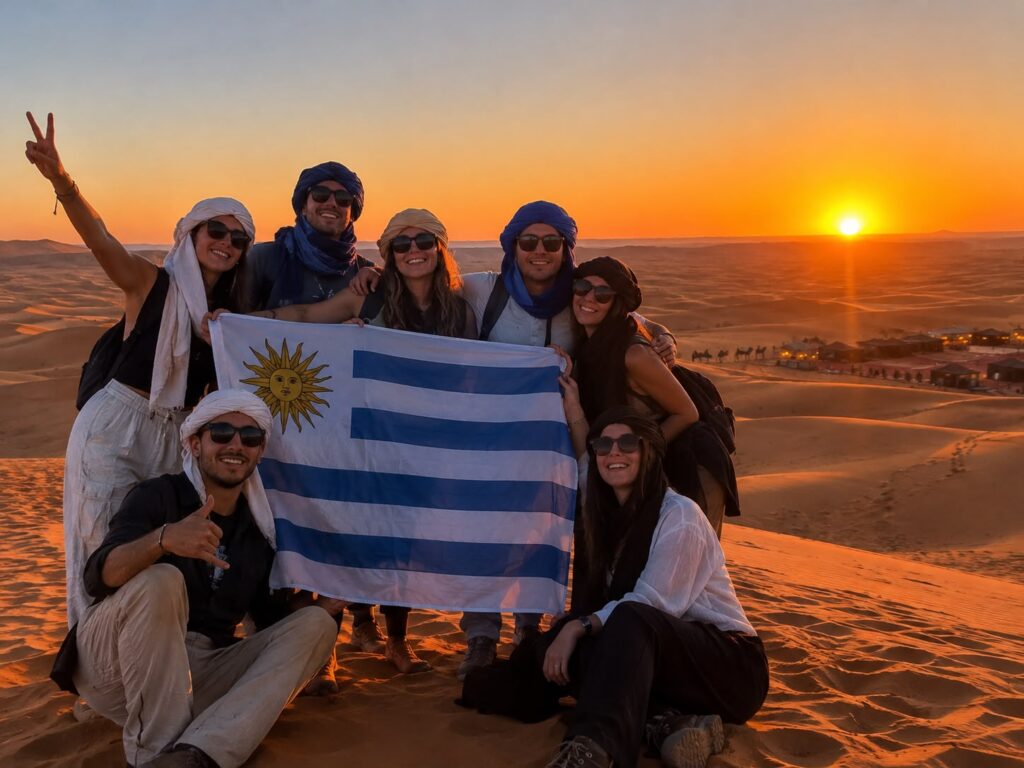 Grupo de viajeros uruguayos con turbantes y la bandera de Uruguay al atardecer en el desierto