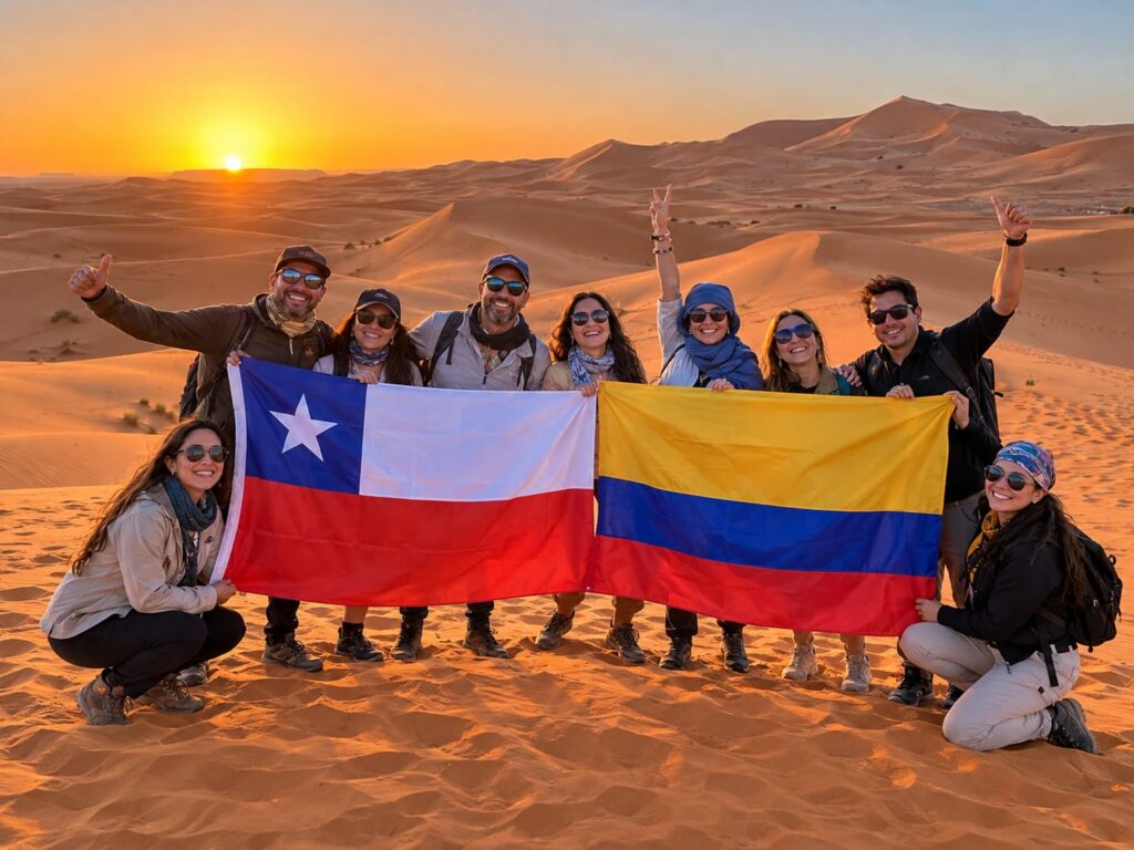 Grupo de viajeros con las banderas de Chile y Colombia al atardecer en las dunas del Sahara