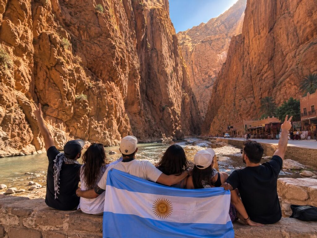 Grupo de viajeros argentinos con la bandera de Argentina en una garganta del sur de Marruecos