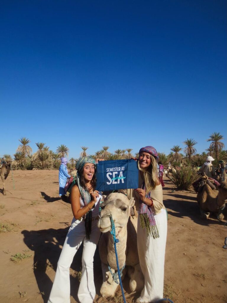 Two smiling travelers holding a Semester at Sea sign beside a camel in front of palm trees