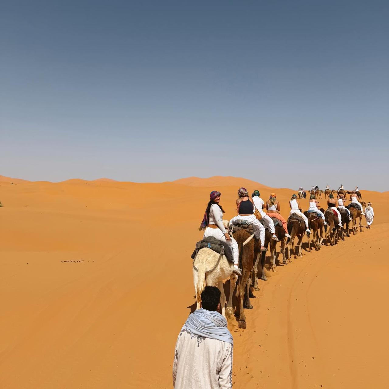 View from a camel of a long caravan of camels and riders crossing the Sahara dunes