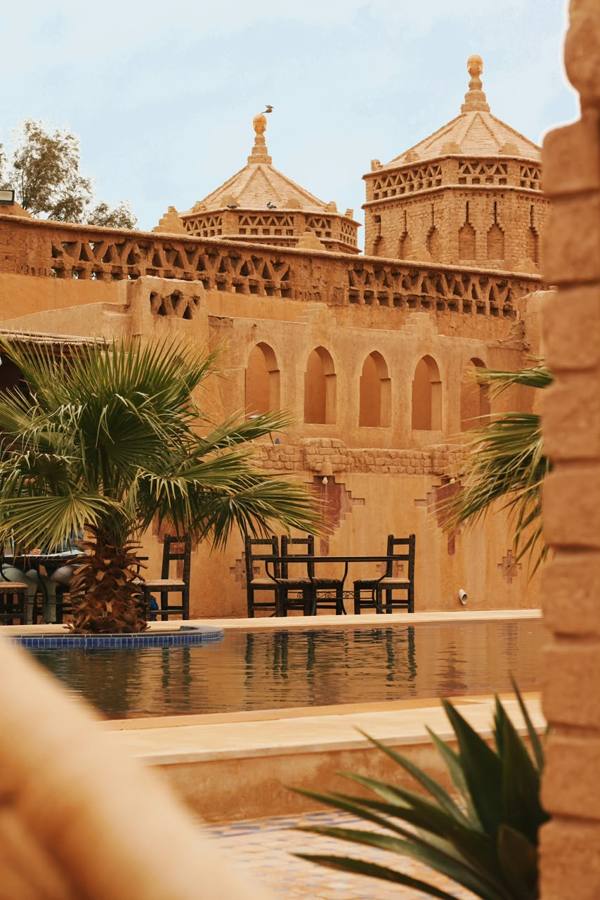 Quiet pool and terrace at a kasbah hotel in southern Morocco