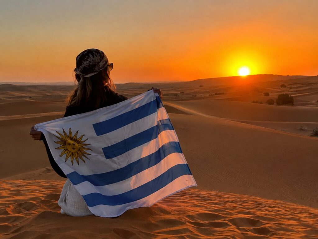 Viajera uruguaya con la bandera de Uruguay al atardecer en las dunas del Sahara